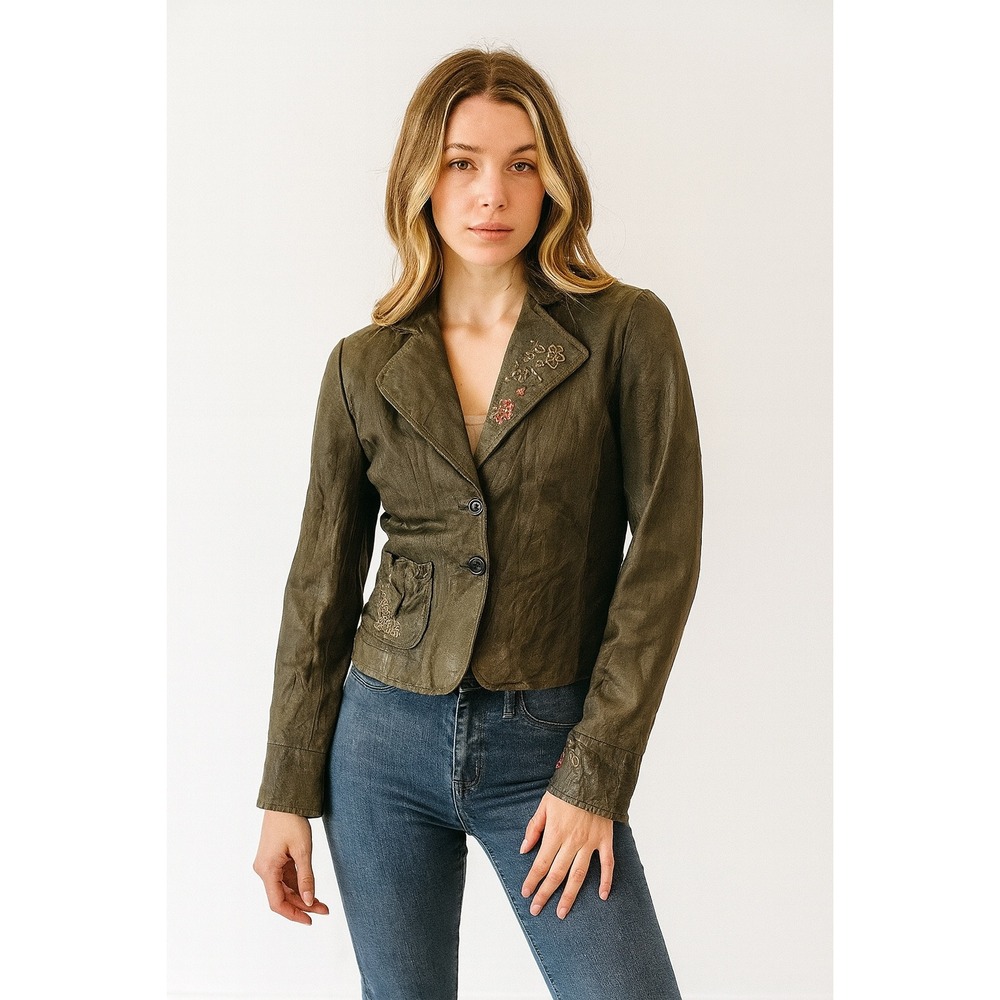Tahari Leather Jacket Brown Floral Embroidered Women's‎ Blazer Coat S